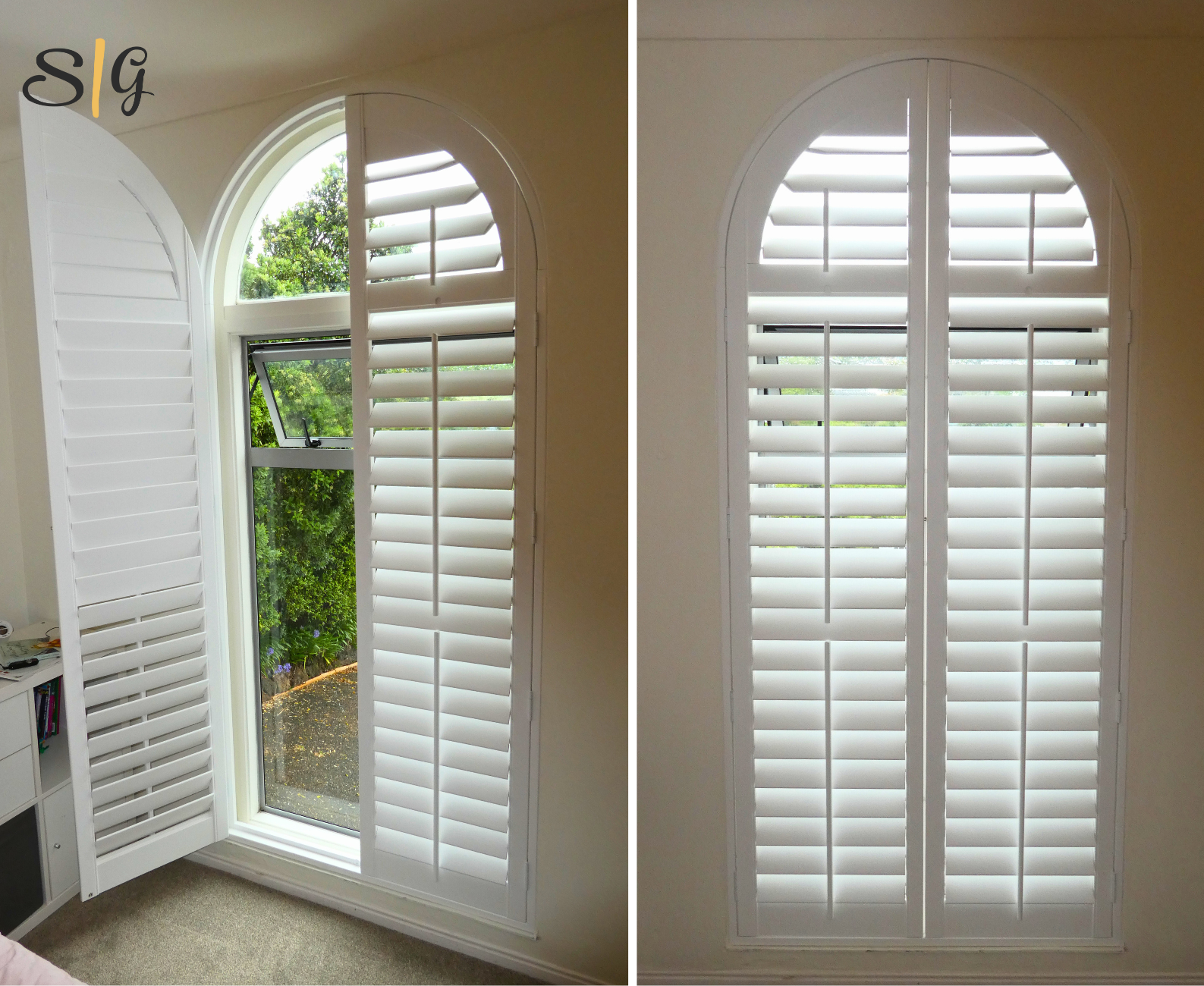 Interior shutters with arched top