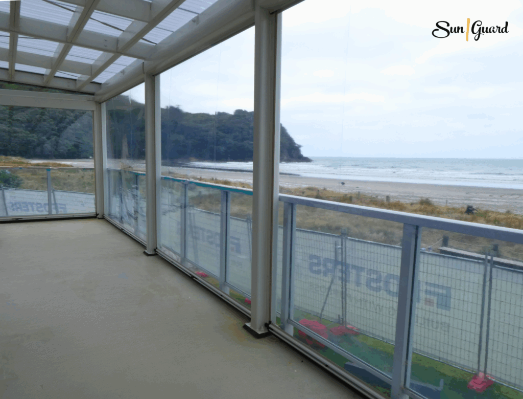 Waihi Beach Surf Club Clear PVC Ziptrak Blinds