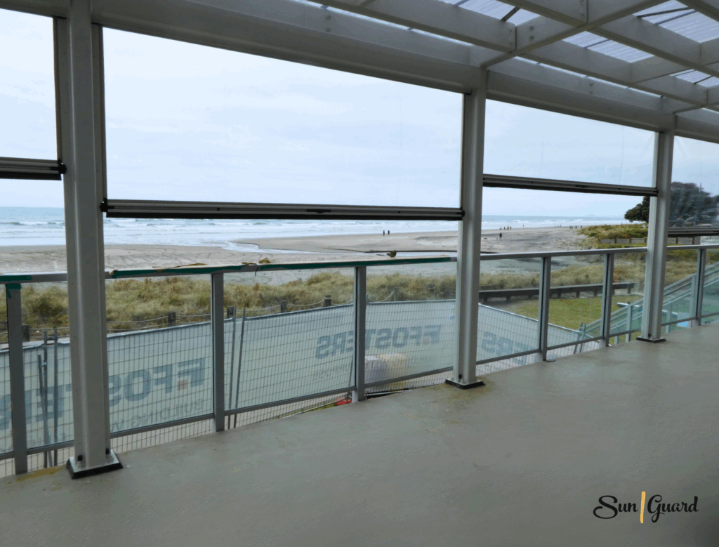 Waihi Beach Surf Club Clear PVC Ziptrak Blinds