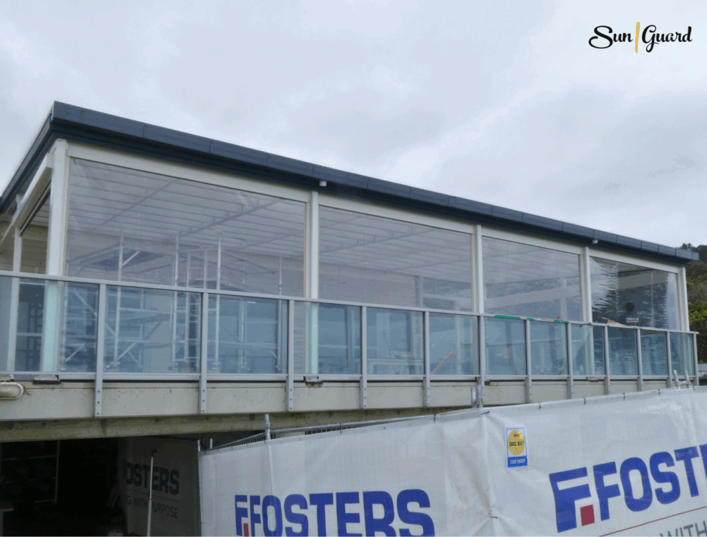 Waihi Beach Surf Club Clear PVC Ziptrak Blinds