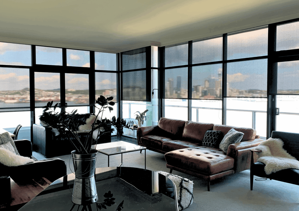 Sunscreen roller blinds in a residential property