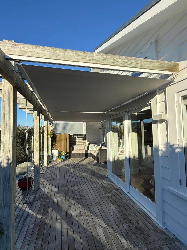 Mesh Omni blinds under pergola in Sandringham
